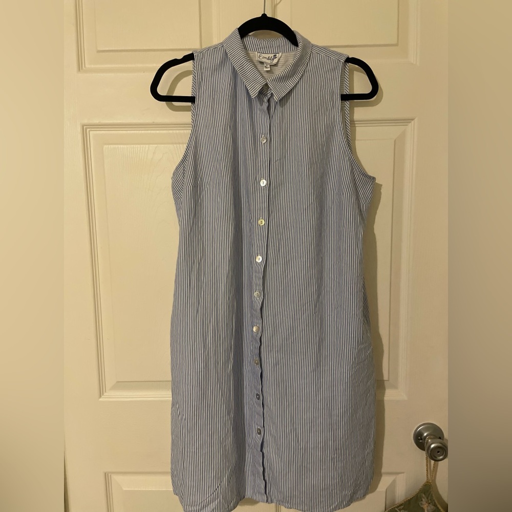 Everlily Linen Blend L Sleeveless Pearl Buttons Striped Shirt Dress With Pockets